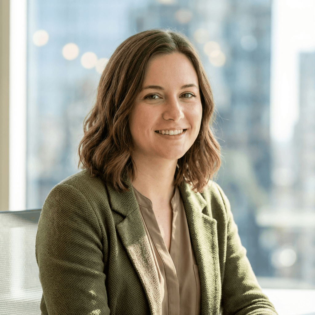 Emma Larsen smiling in a bright, professional setting