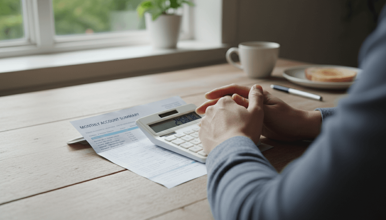 Hands reviewing a bank statement with a calculator on a table