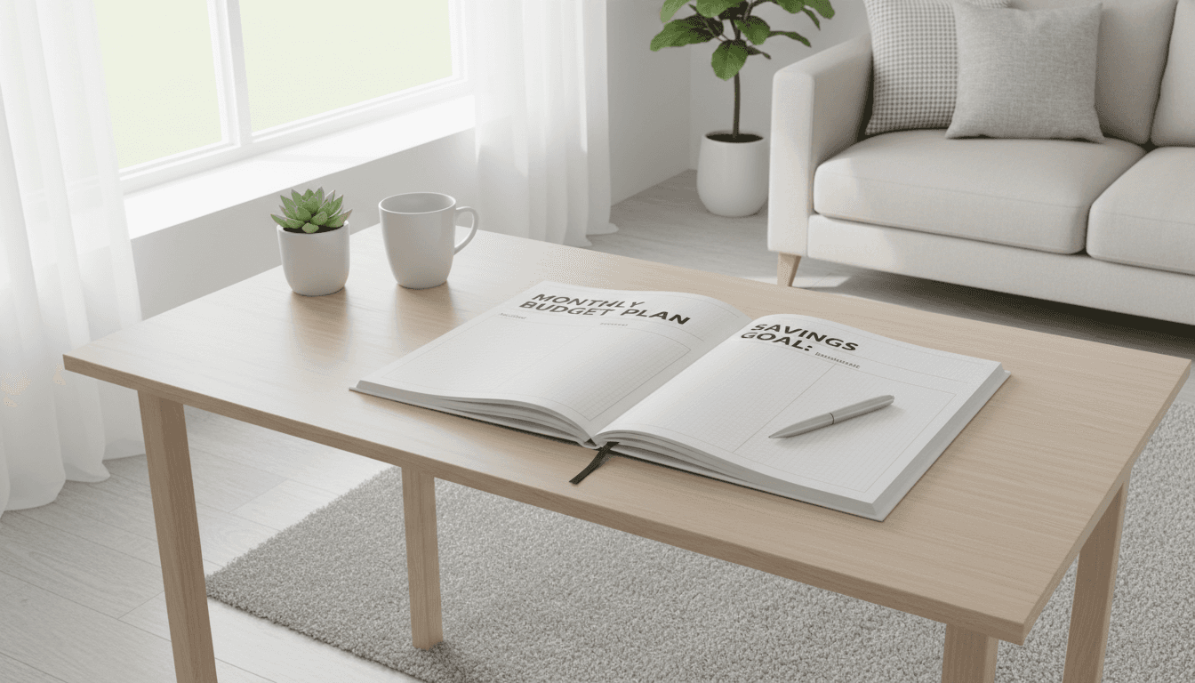 Notebook with a monthly budget plan and a pen in a bright room