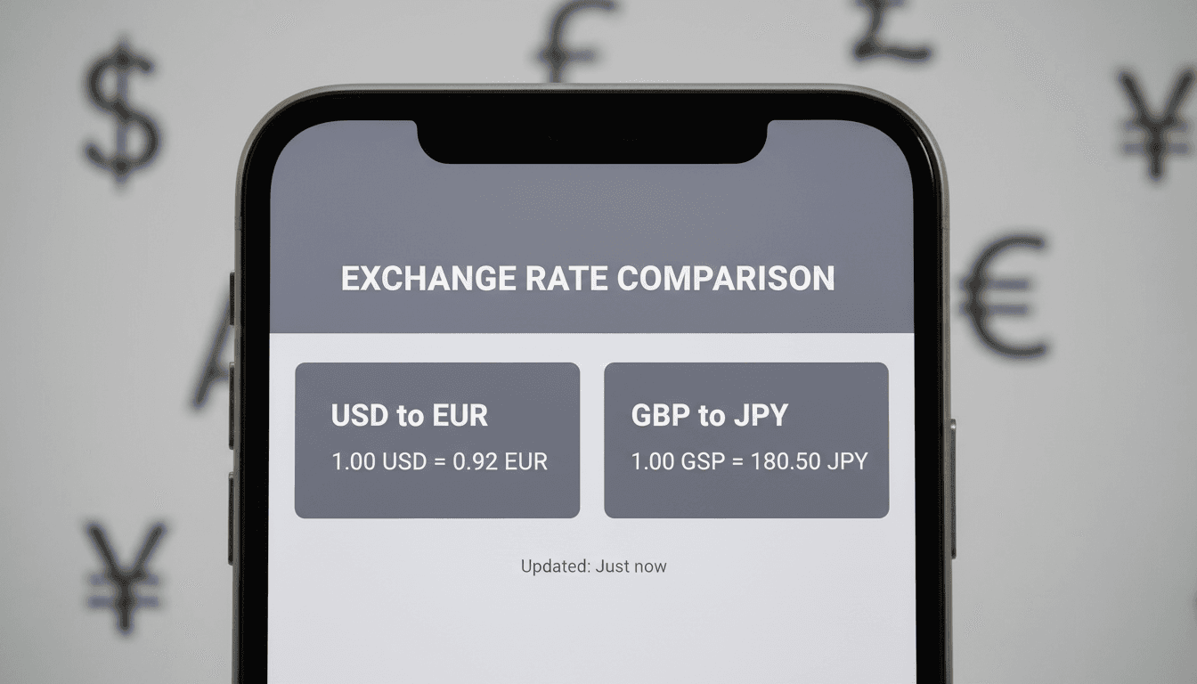 Close-up of a smartphone screen with exchange rates and blurred currency symbols