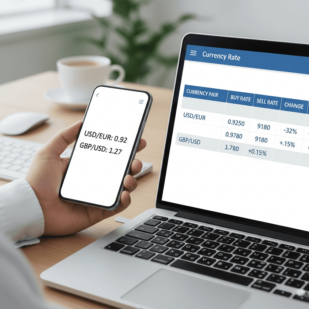 Smartphone and laptop showing a currency exchange rate comparison