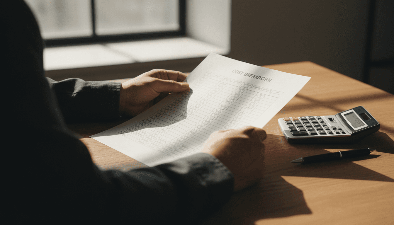 Hands reviewing a transparent cost breakdown sheet