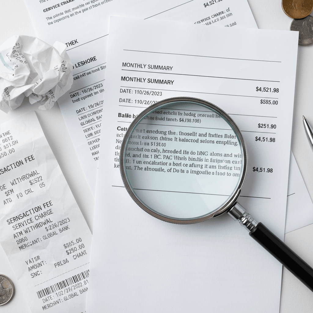 Magnifying glass over bank statement fine print