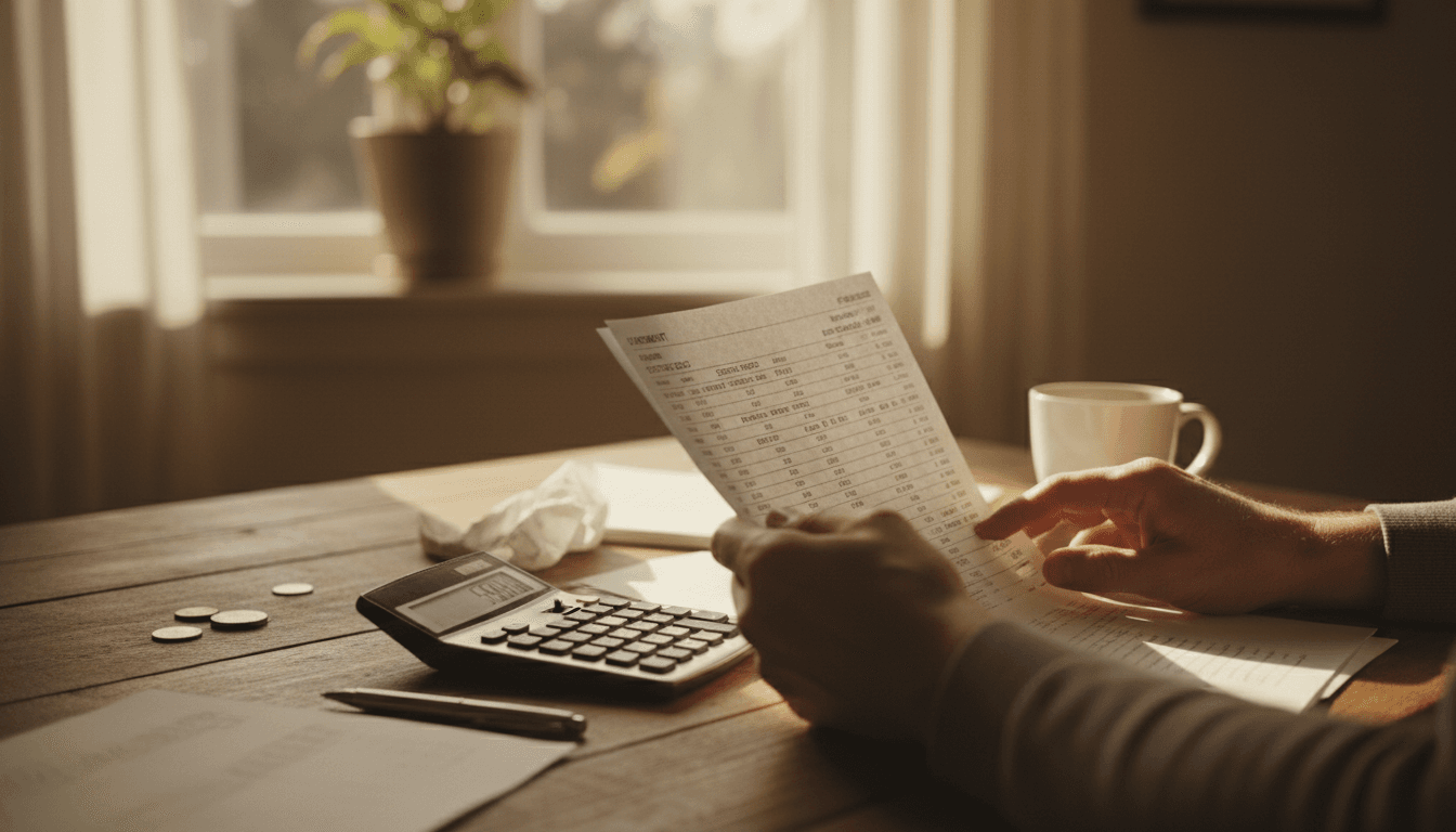 Hands reviewing a bank statement with a calculator on a wooden table