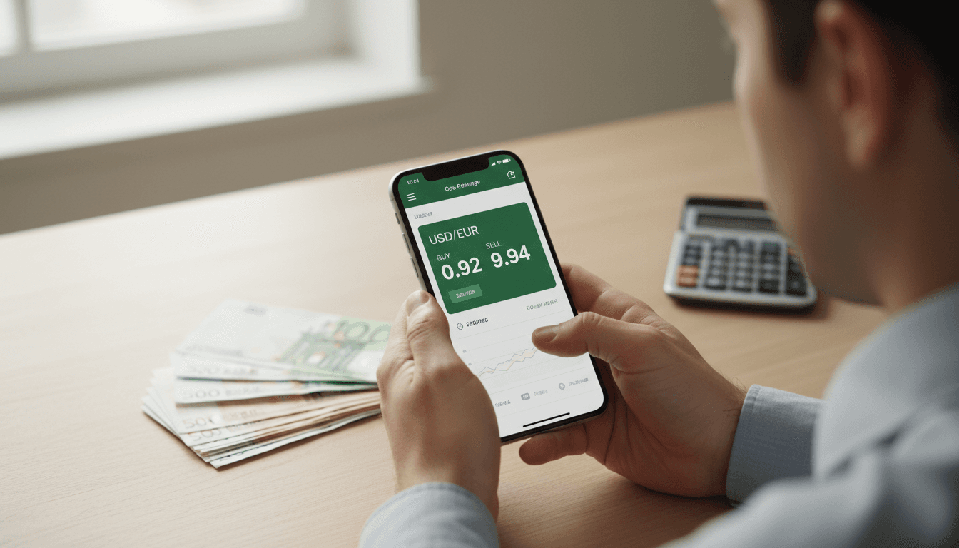 Person holding a smartphone with a currency exchange app showing a transfer summary