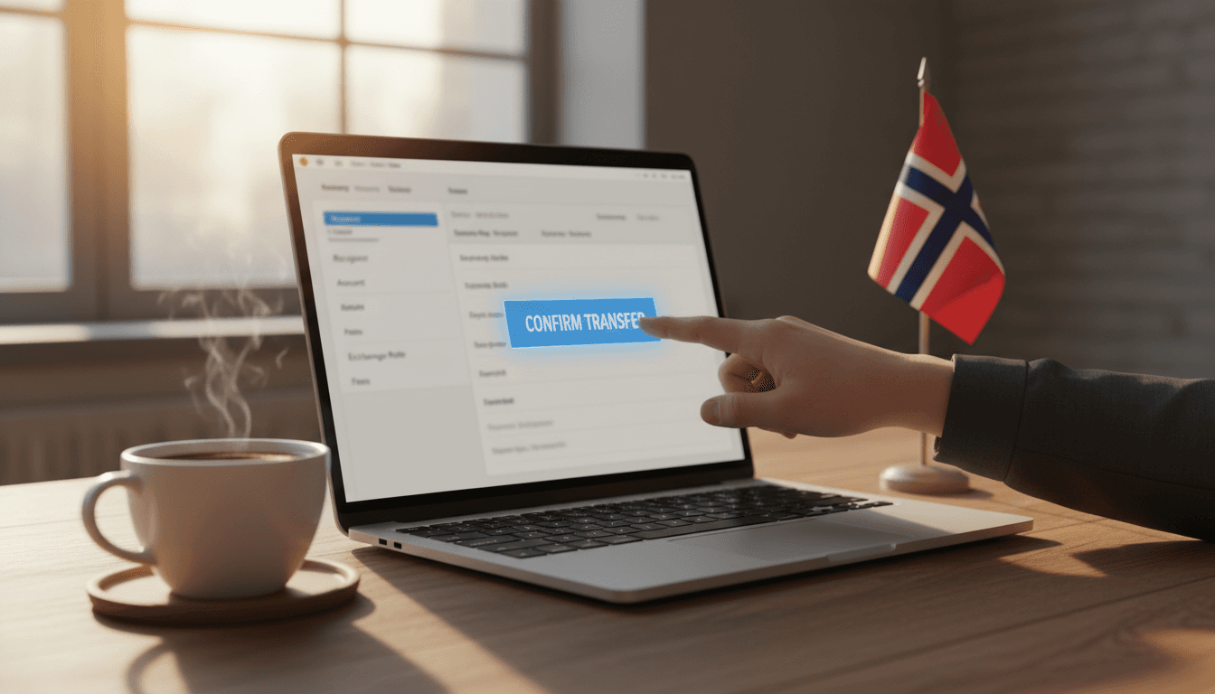 Person confirming an international money transfer on a laptop