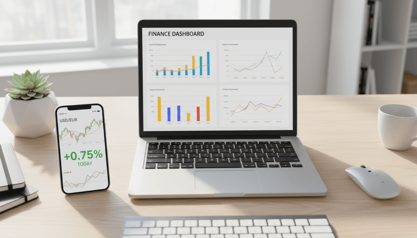 Smartphone and laptop showing currency exchange charts on a bright desk