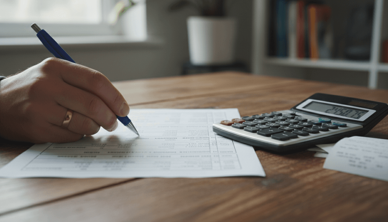 Hand with pen reviewing a bank statement on a wooden desk