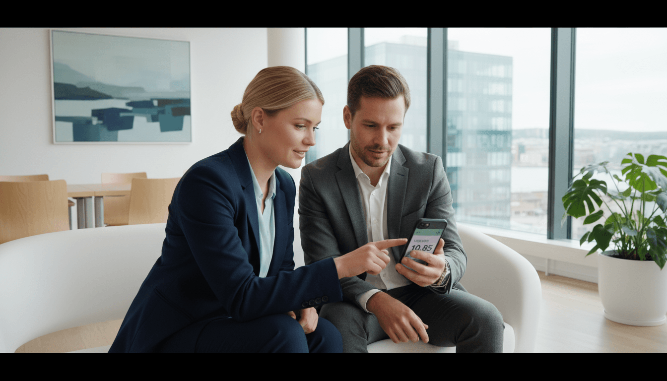 Advisor showing a client the real exchange rate on a phone