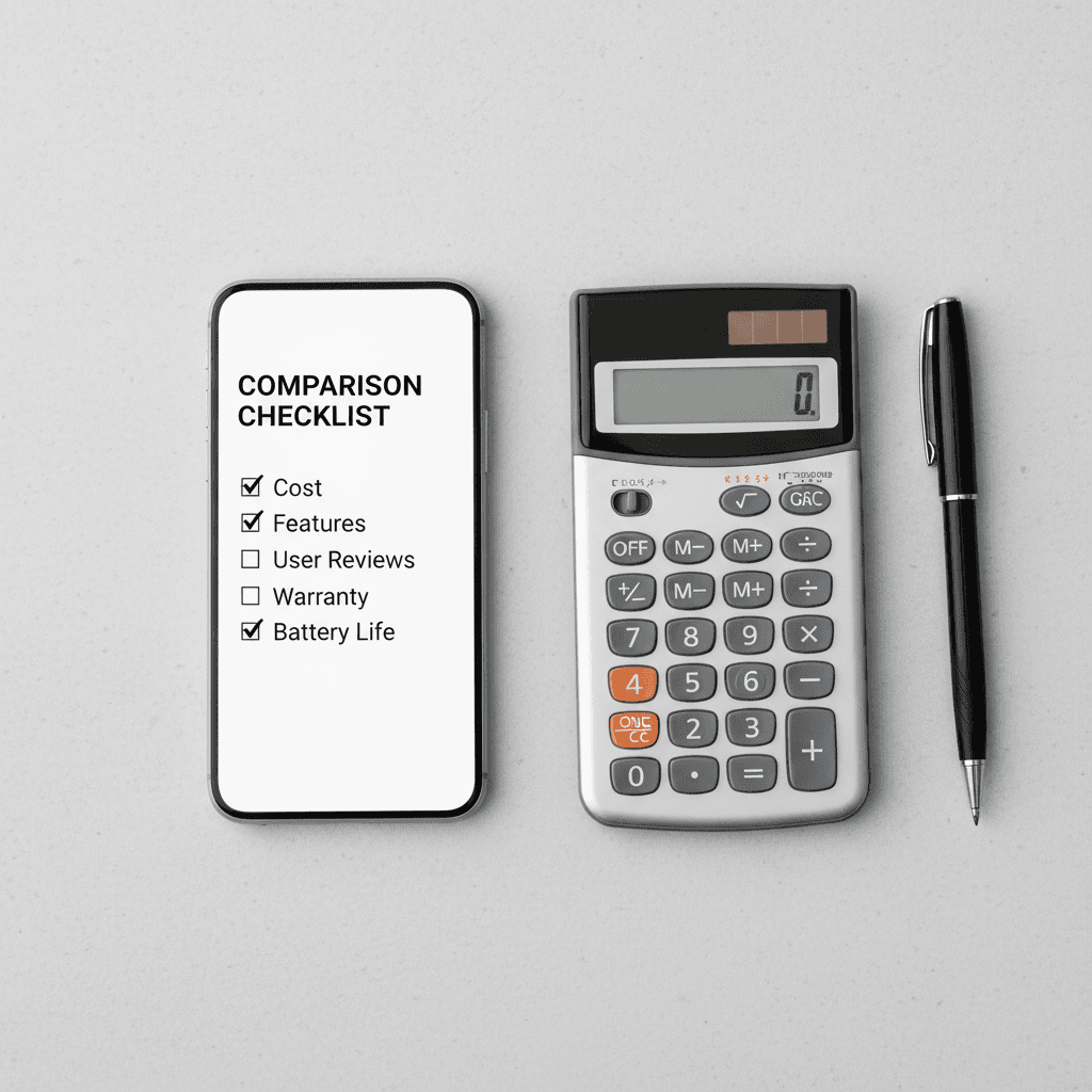 Phone with comparison checklist next to a calculator