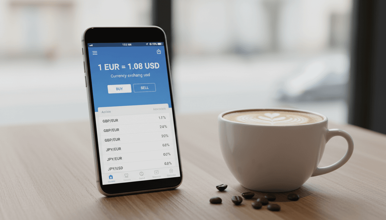 Smartphone with a currency exchange app next to a coffee cup