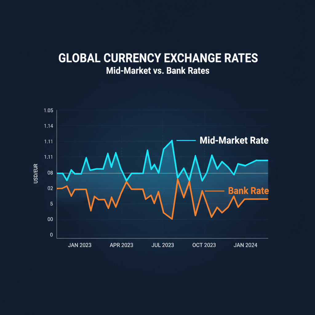 Screen showing a line chart of mid-market vs bank rates