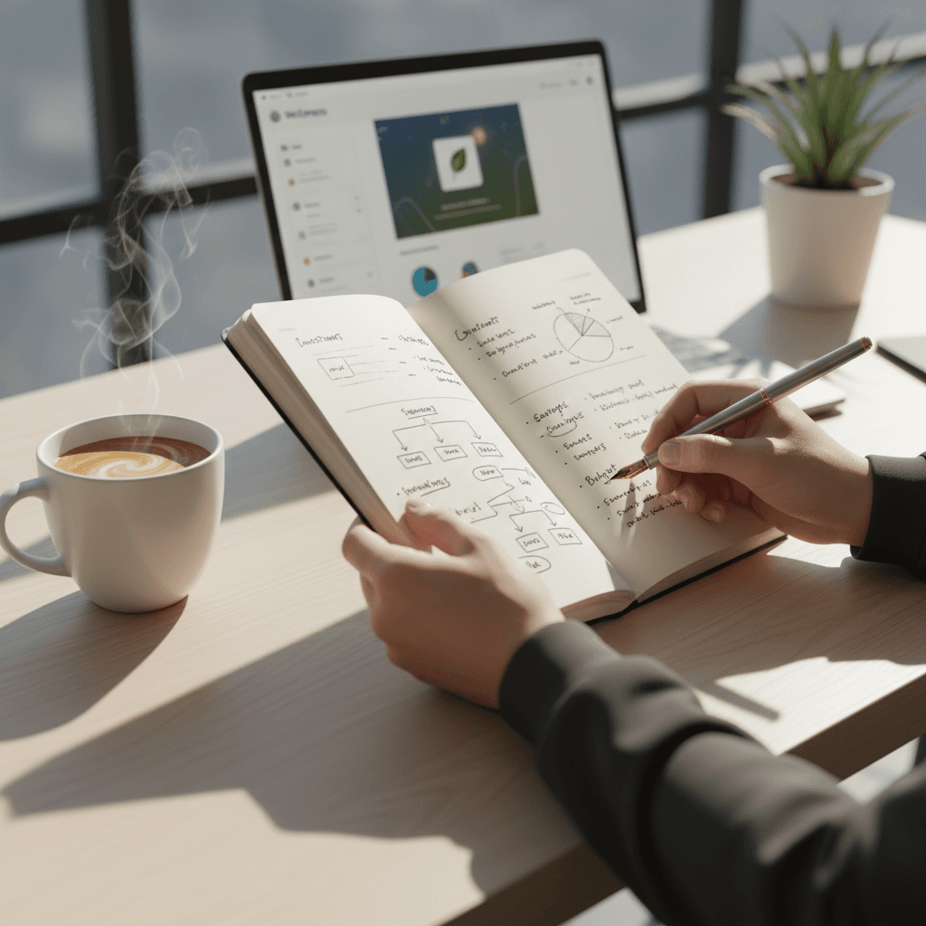 Woman reviewing financial notes at a bright desk with a calculator and piggy bank