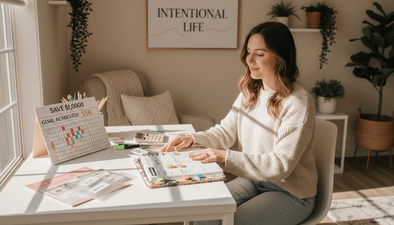 Woman reviewing her budget and savings planners at home desk with organized financial tracking materials and natural light