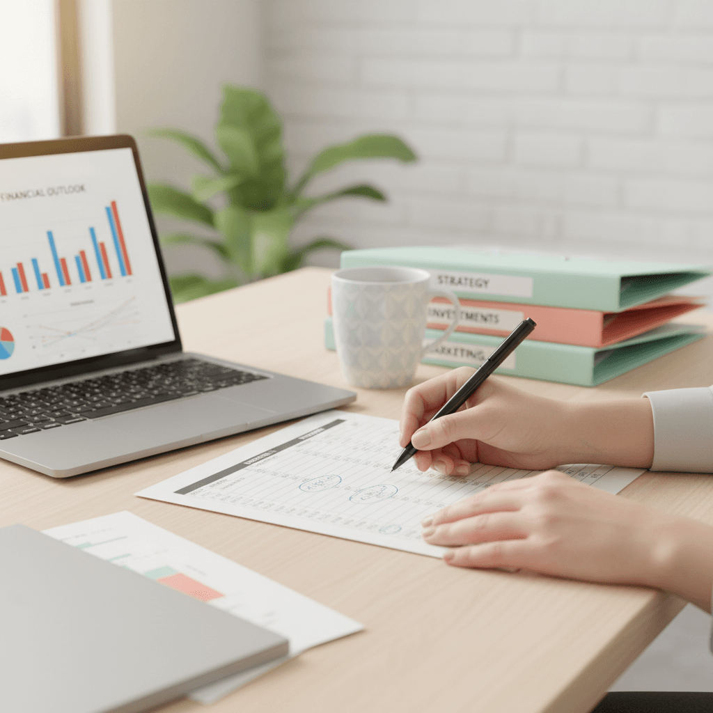 Woman reviewing financial notes with a calculator and piggy bank on a table